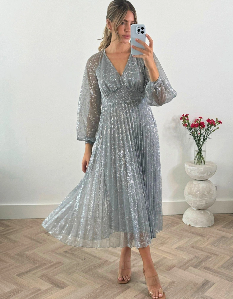 Dannica Metallic Long Sleeve Midaxi Dress - Silver