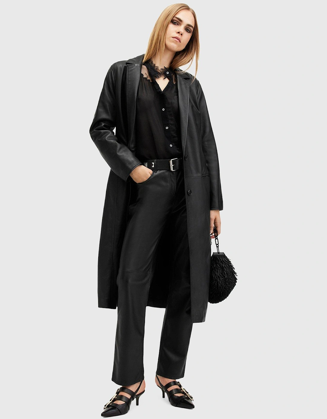 Aire Long Line Leather Coat - Black, 6 of 5