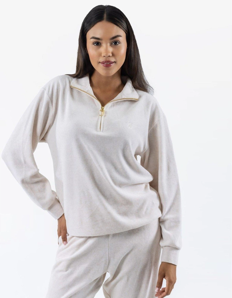 Velour Zip Through Sweatshirt - Beige