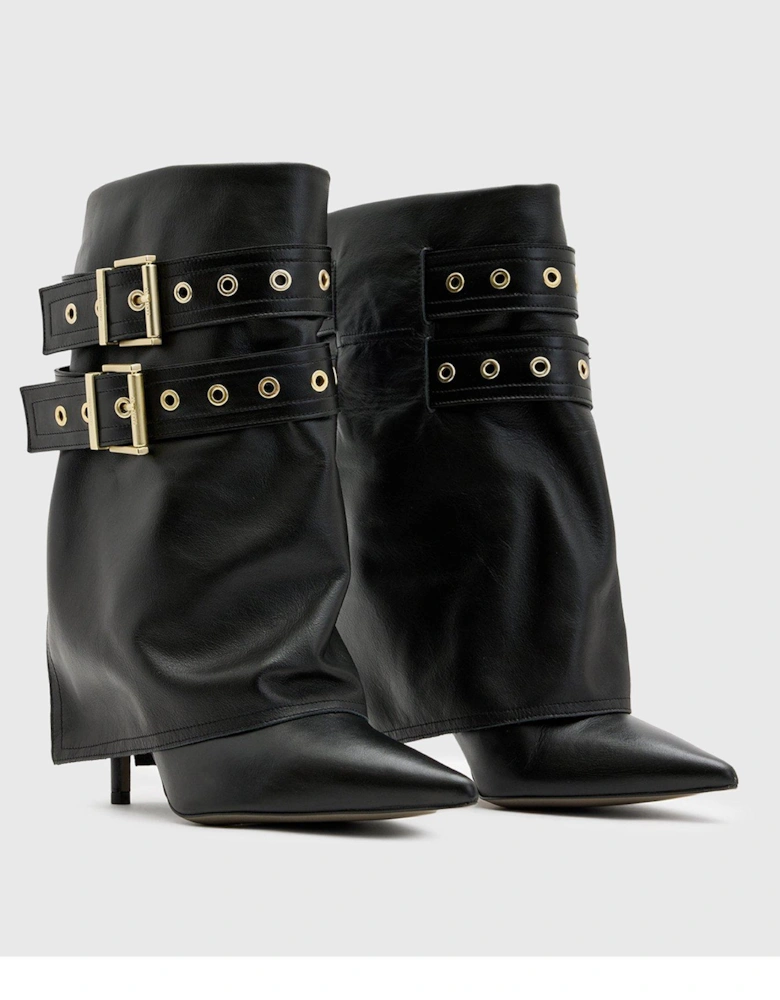 Dua Fold-Over Buckle Leather Boots - Black