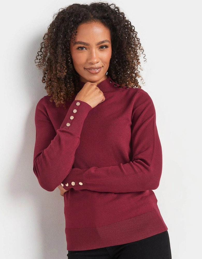 Button Detail Turtle Neck Jumper - Red