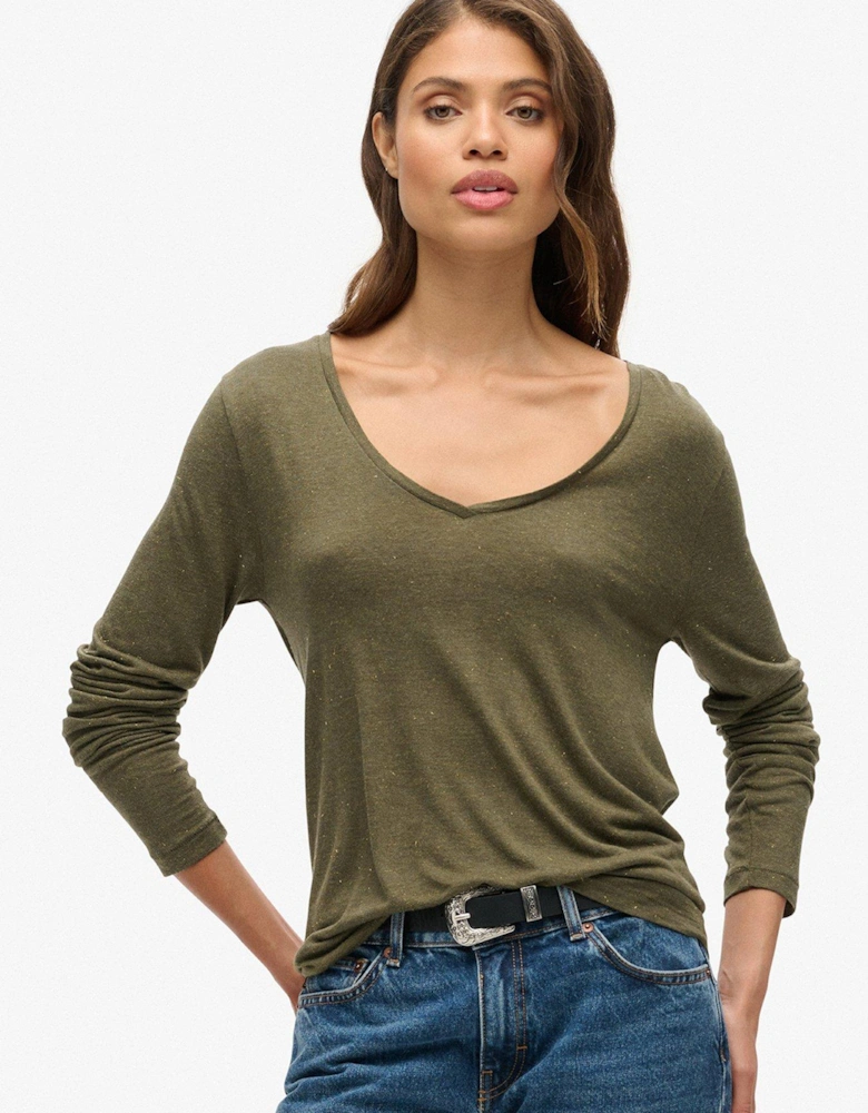 Long Sleeve V Neck Jersey Top - Green