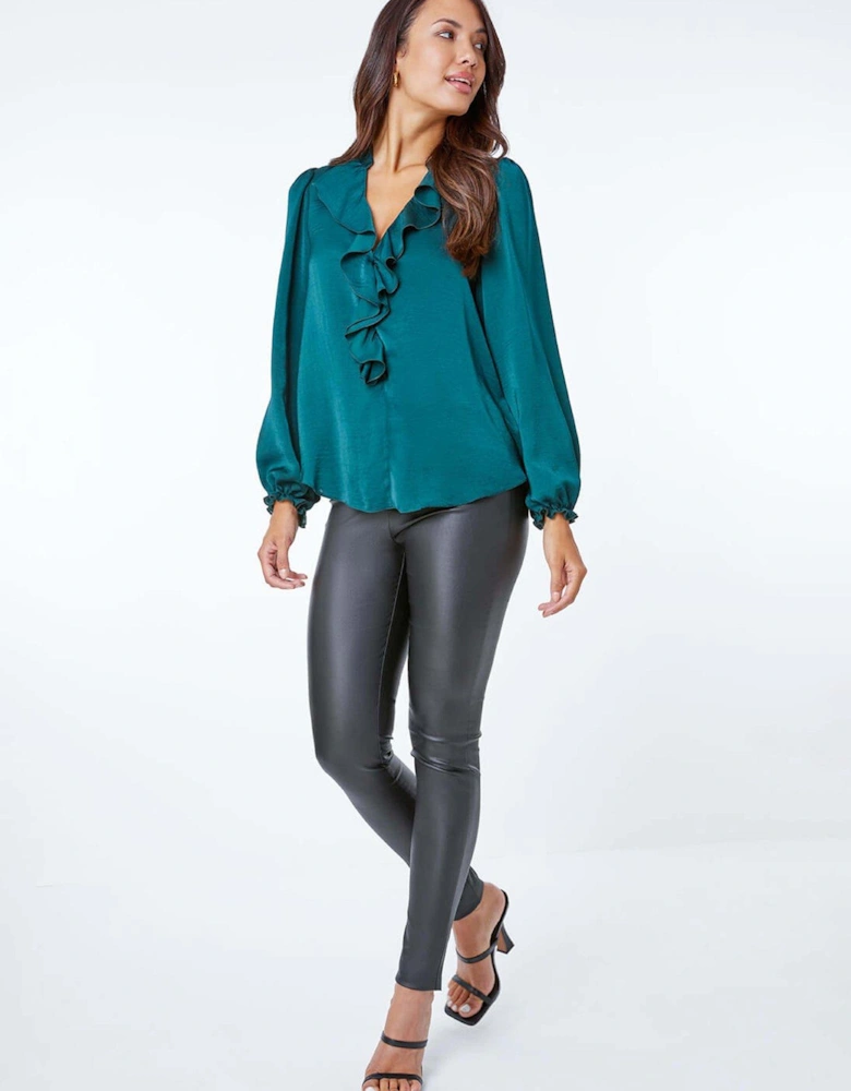 Satin Ruffle Neck Blouse - Green