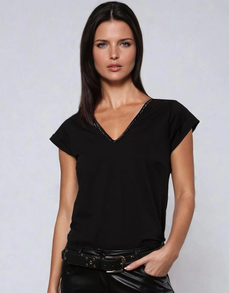 V-neck S/s Top With Tonal Beaded Neckline - Black