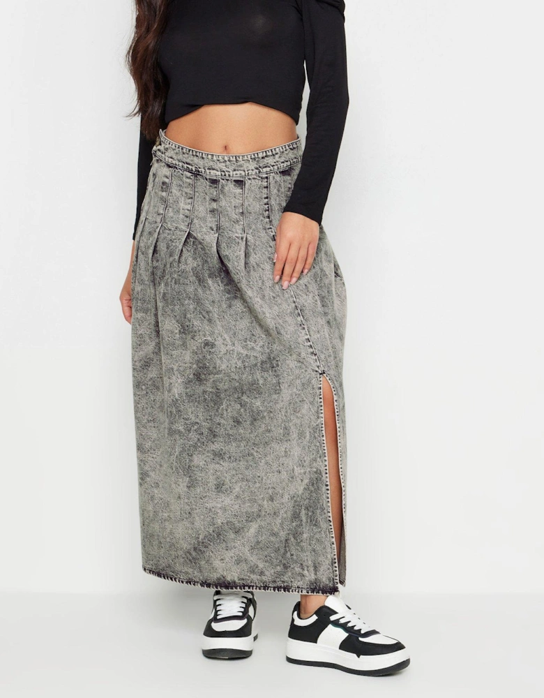 Petite Acid Wash Pleated Midi Skirt