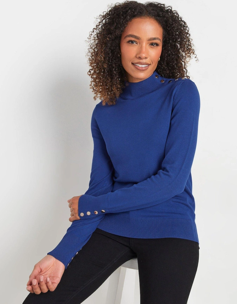 Button Detail Turtle Neck Jumper - Blue