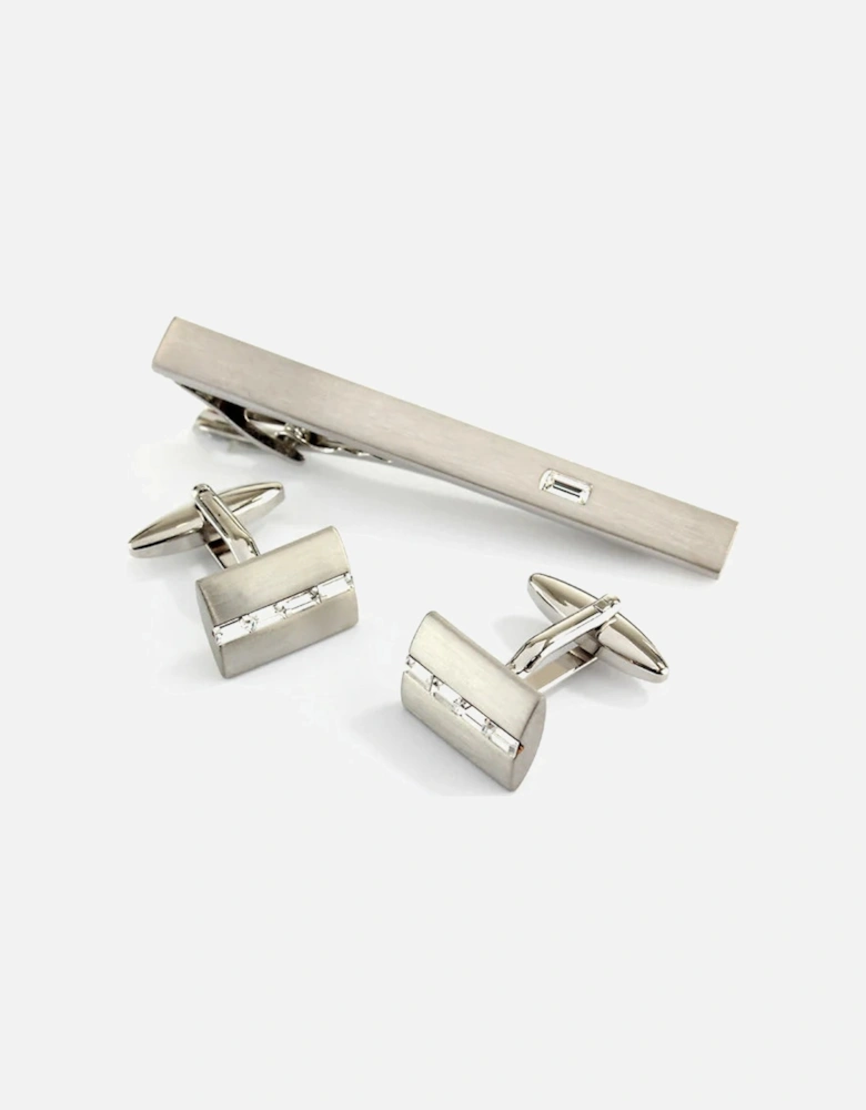 4 Crystal Stones Cufflink & Tie Bar Set