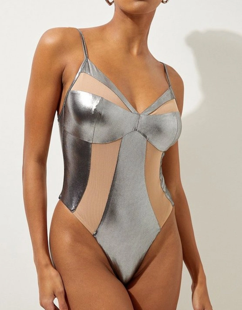 Metallic Mesh Detail Low Back High Leg Swimsuit