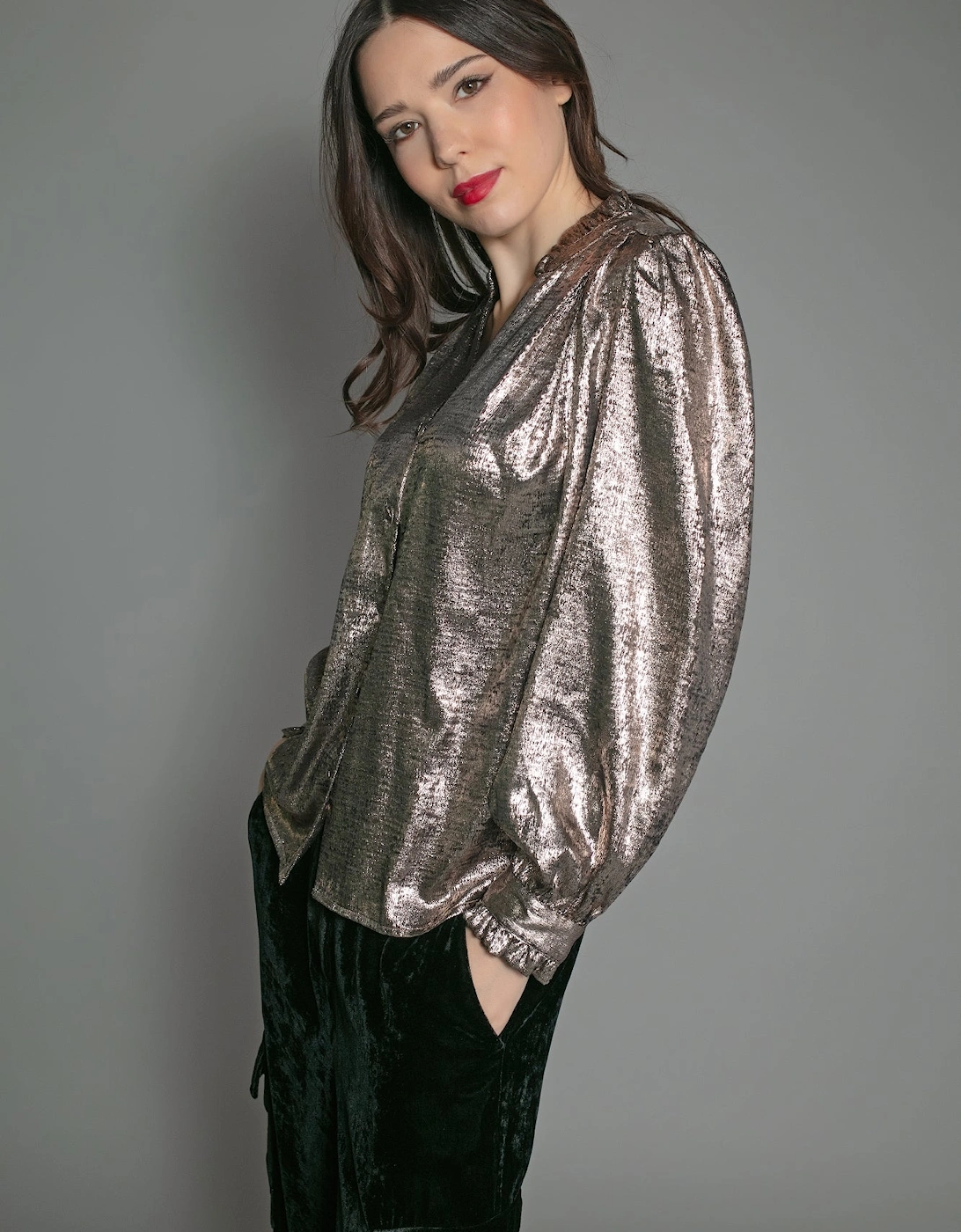 SYLVIA LAME BLOUSE IN LIGHT BRONZE