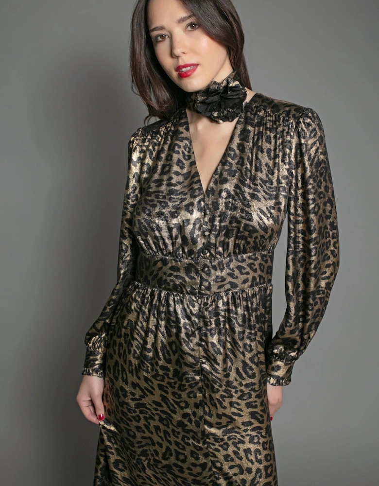 DEVINA LAME DRESS IN LEOPARD PRINT