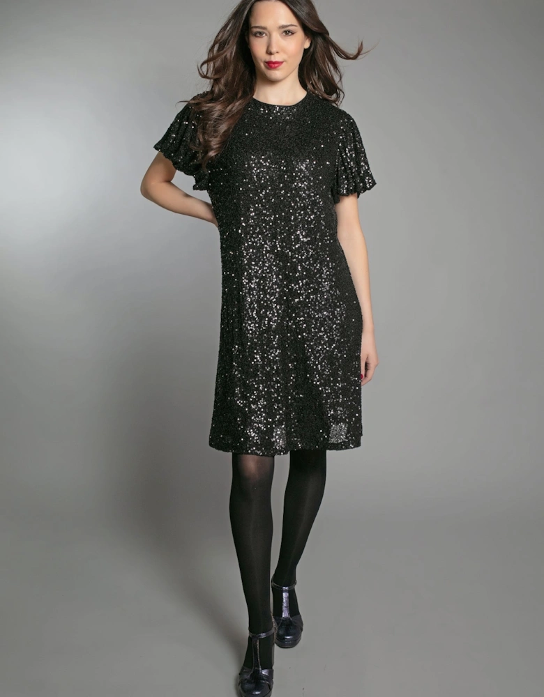 DUSTY SEQUIN T SHIRT DRESS IN BLACK