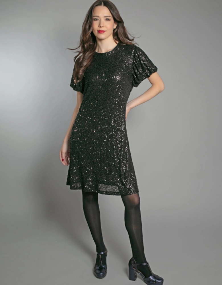 DUSTY SEQUIN T SHIRT DRESS IN BLACK