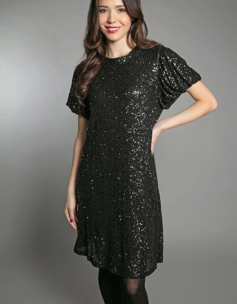 DUSTY SEQUIN T SHIRT DRESS IN BLACK
