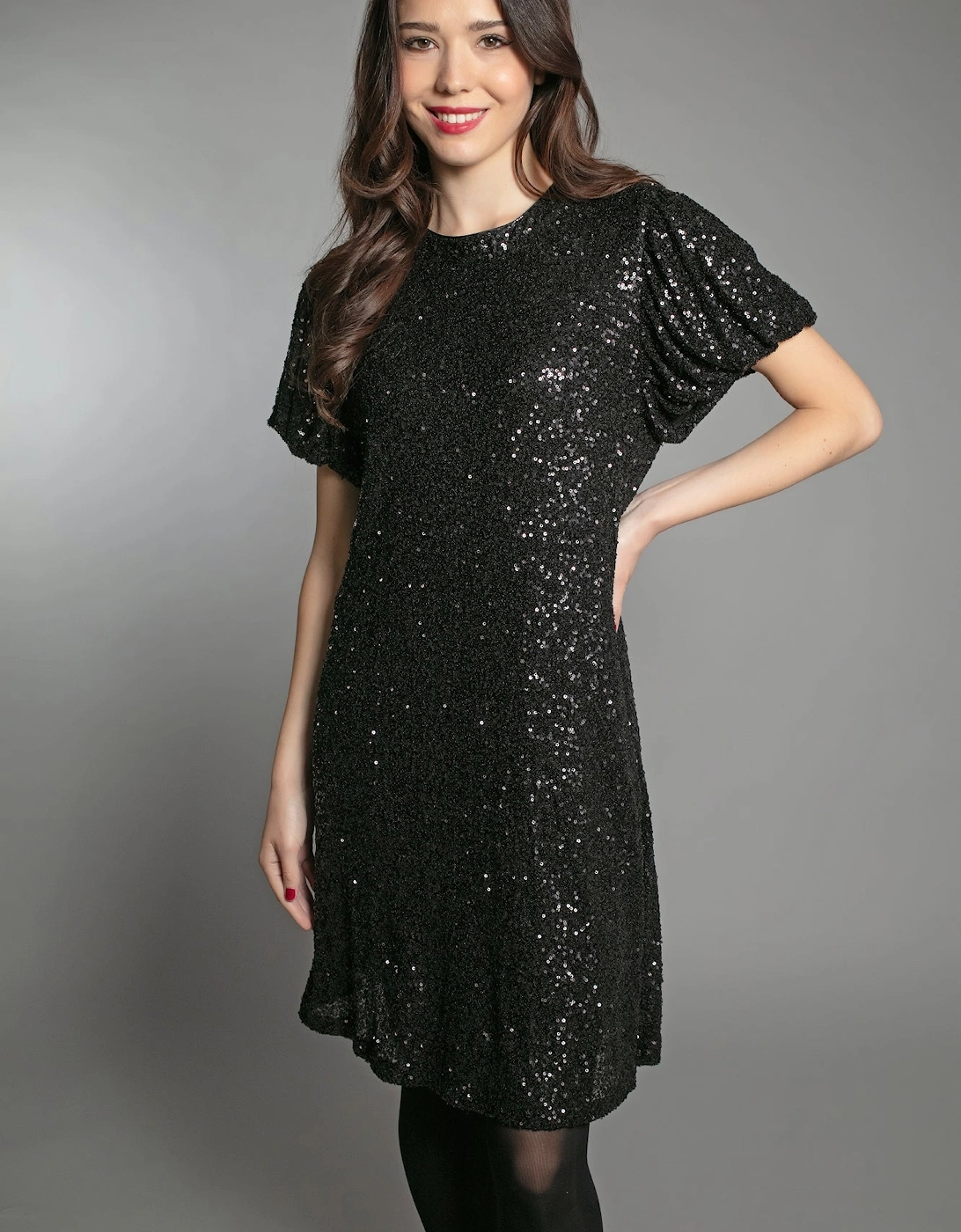 DUSTY SEQUIN T SHIRT DRESS IN BLACK