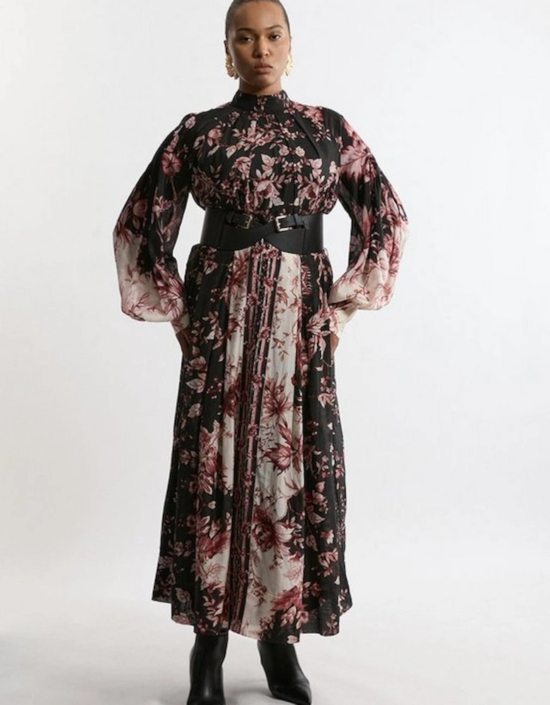 Plus Size Silk Cotton Border Print Floral Woven Maxi Dress