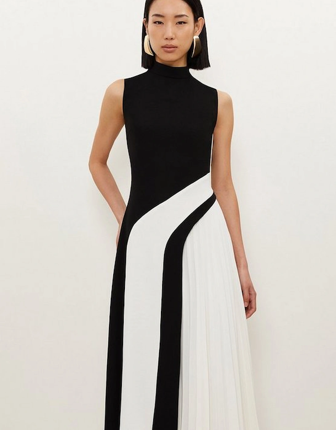 Petite Fluid Tailored Colourblock High Neck Pleated Midi Dress, 4 of 3
