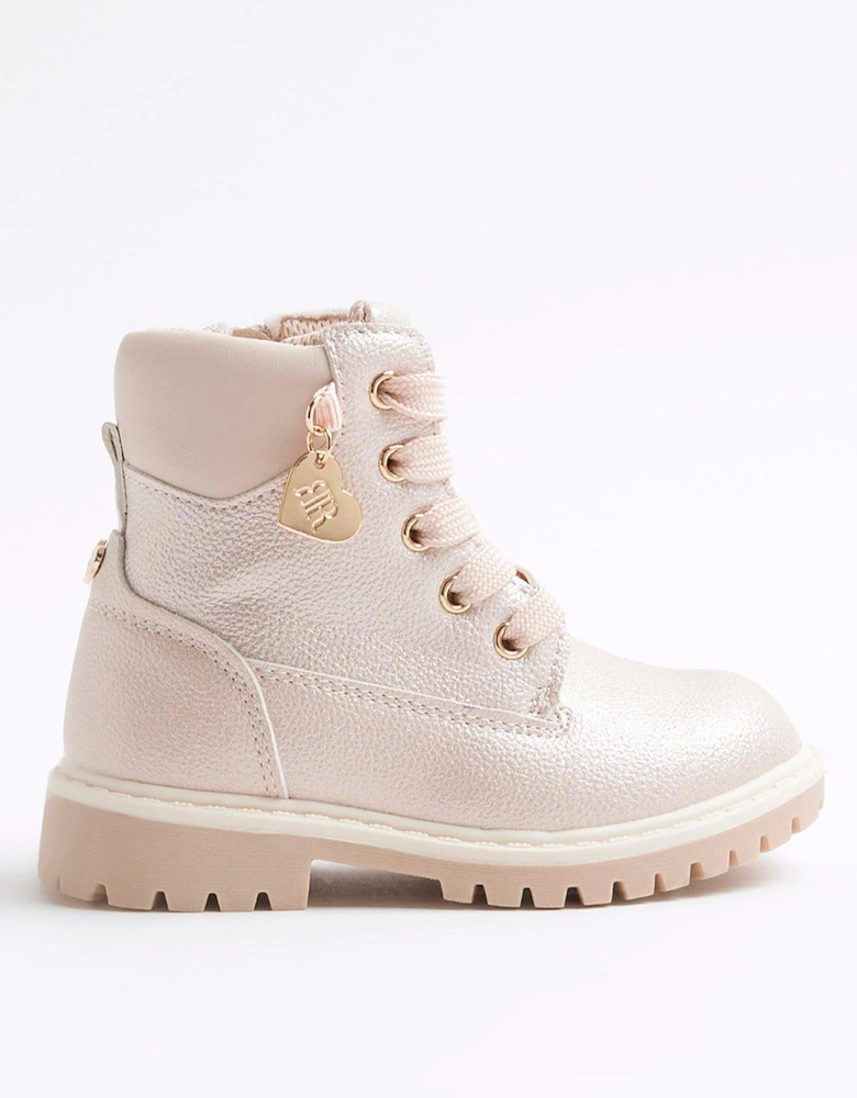 Mini Girl Iridescent Lace Up Boots - Pink