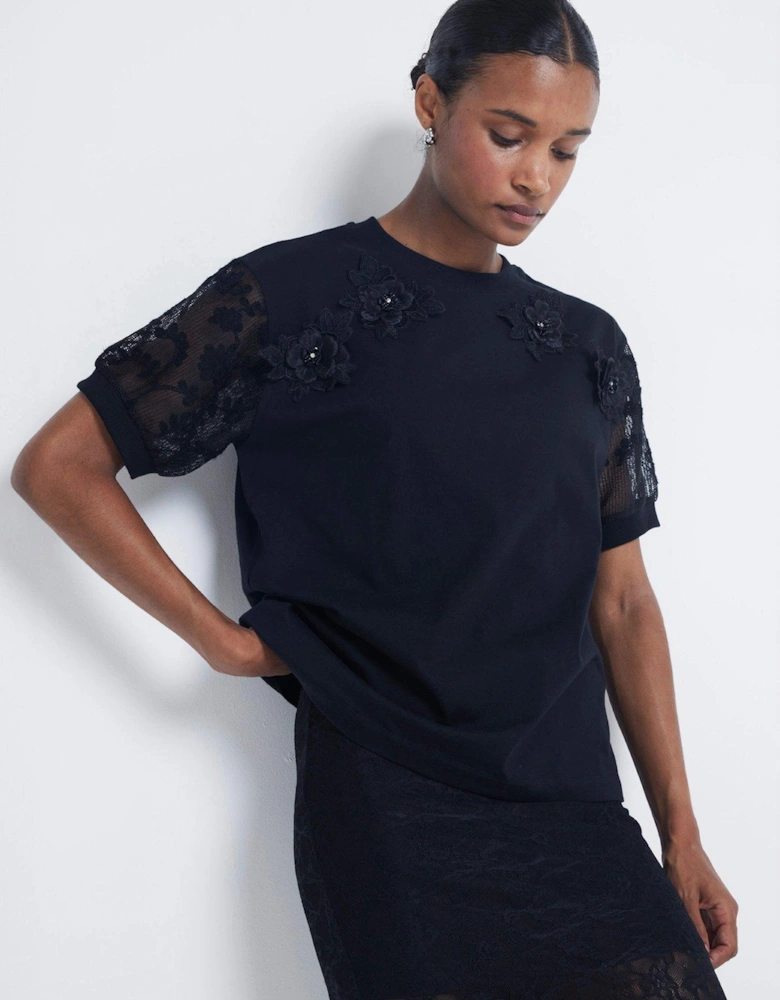 Floral Lace Sleeve Top - Black