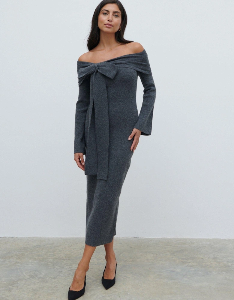 Tilda Bardot Bow Midaxi Knit Dress - Charcoal - Grey