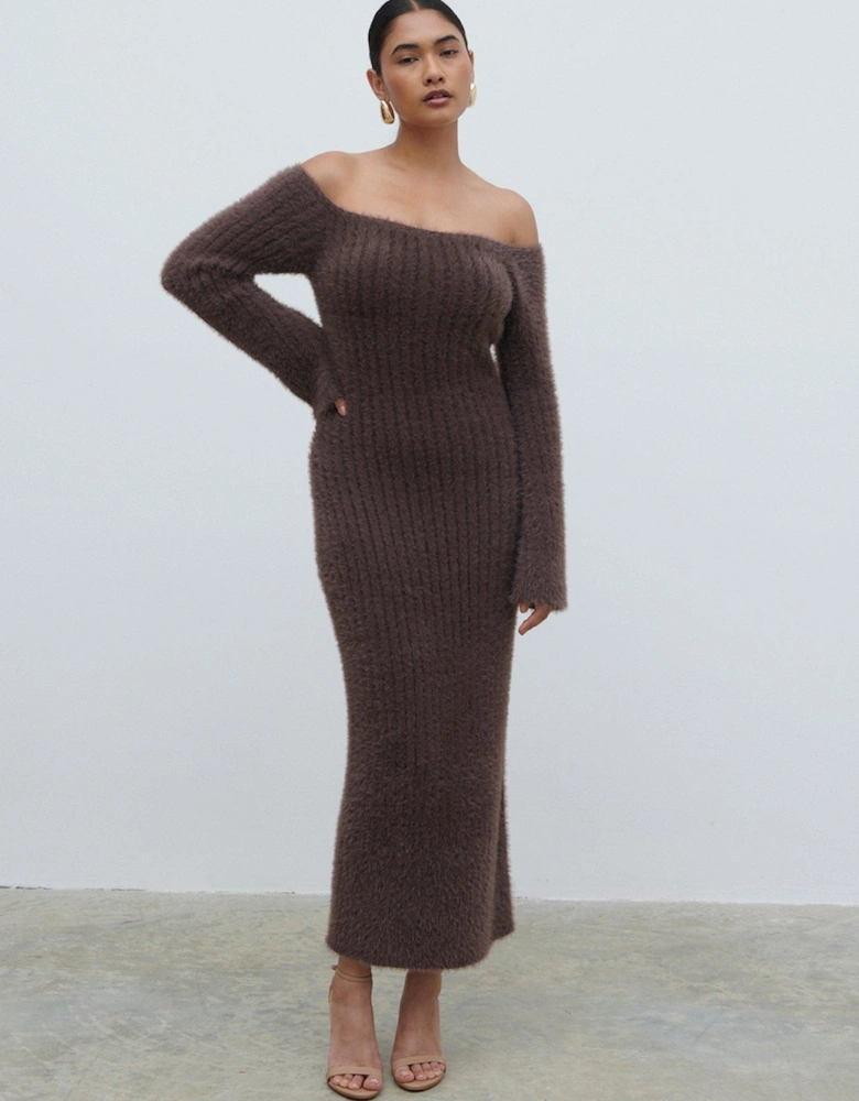 Alora Soft Rib Knit Midaxi Dress - Chocolate - Brown