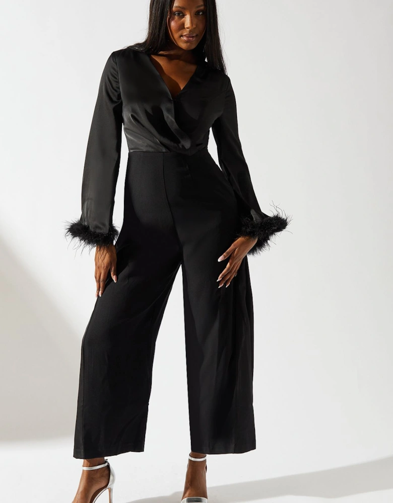 Satin Long Sleeve Jumpsuit With Feather Cuff