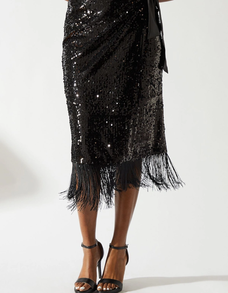 Party Sequin Fringe Hem Wrap Skirt