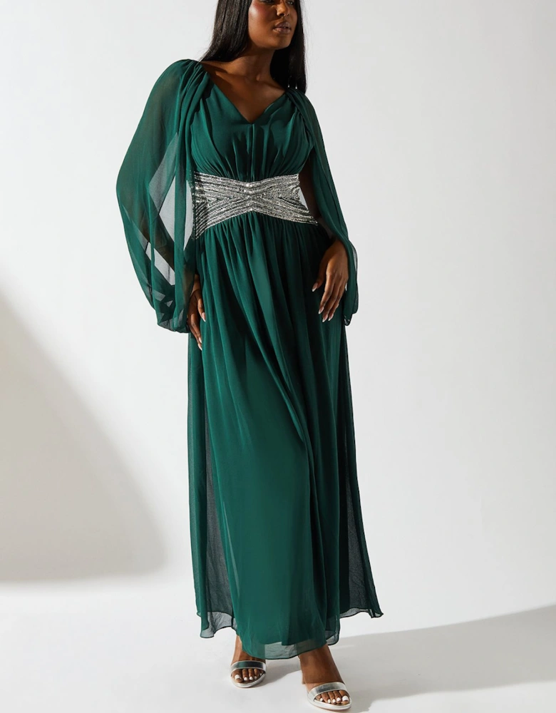 Cape Shoulder Chiffon Embellished Waistband Maxi Dress