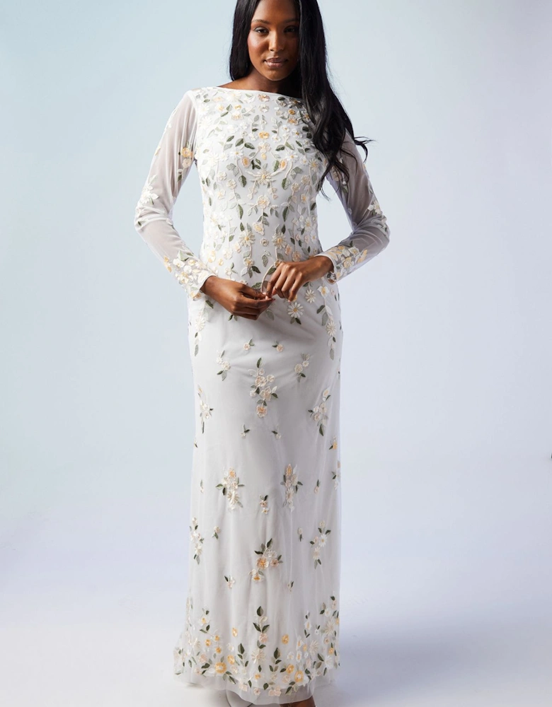 All Over Embroidered Wildflower Long Sleeve Wedding Dress