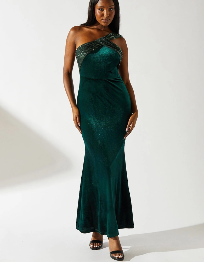 Velvet Sequin Asymmetric Maxi Dress