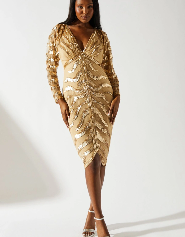 Party Sequin Long Sleeve Batwing Midi Dress