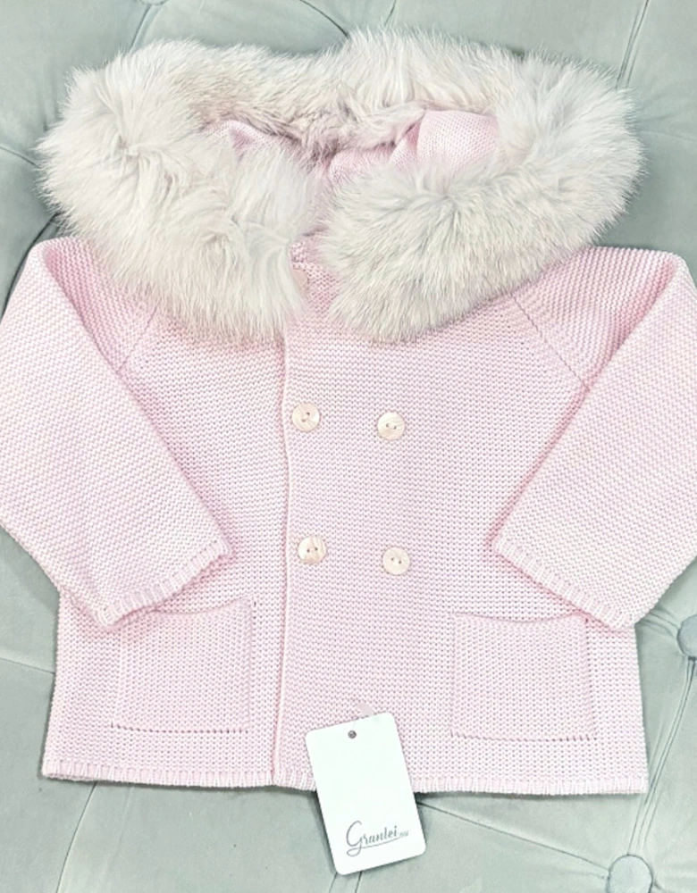 Pink Knit Fur Trim Cardigan