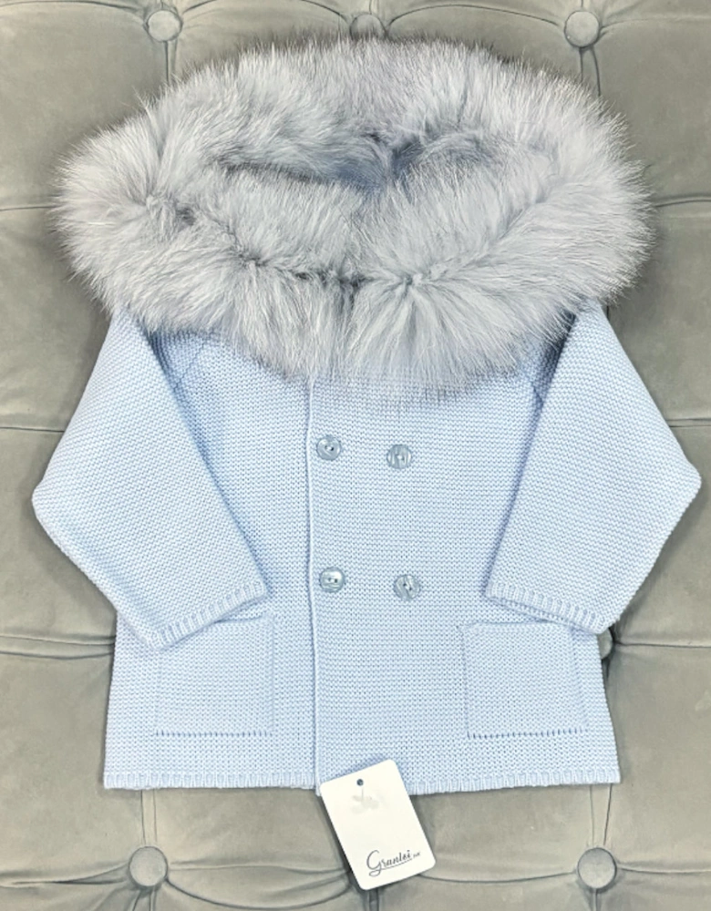 Blue Knit Fur Trim Cardigan