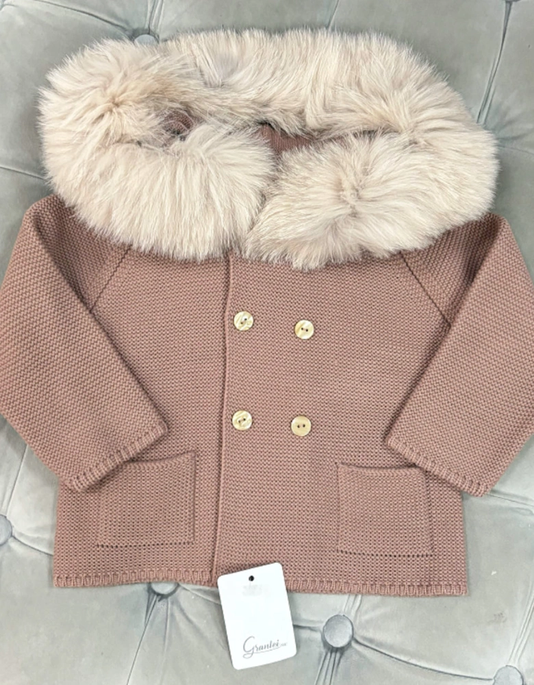 Brown Knit Fur Trim Cardigan