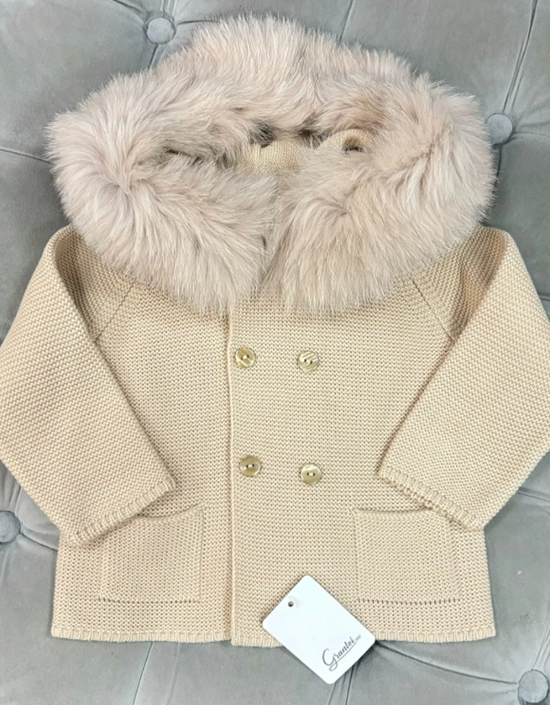 Camel Knit Fur Trim Cardigan