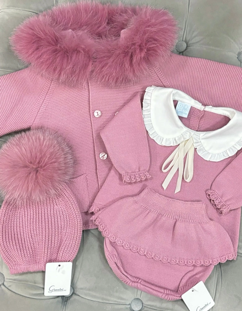 Rose Pink Knit Fur Trim Cardigan