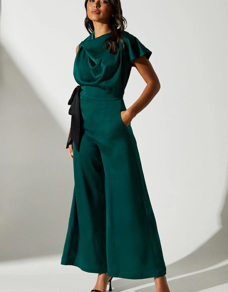 Tie Side Satin Drape Wide Leg Jumpsuit