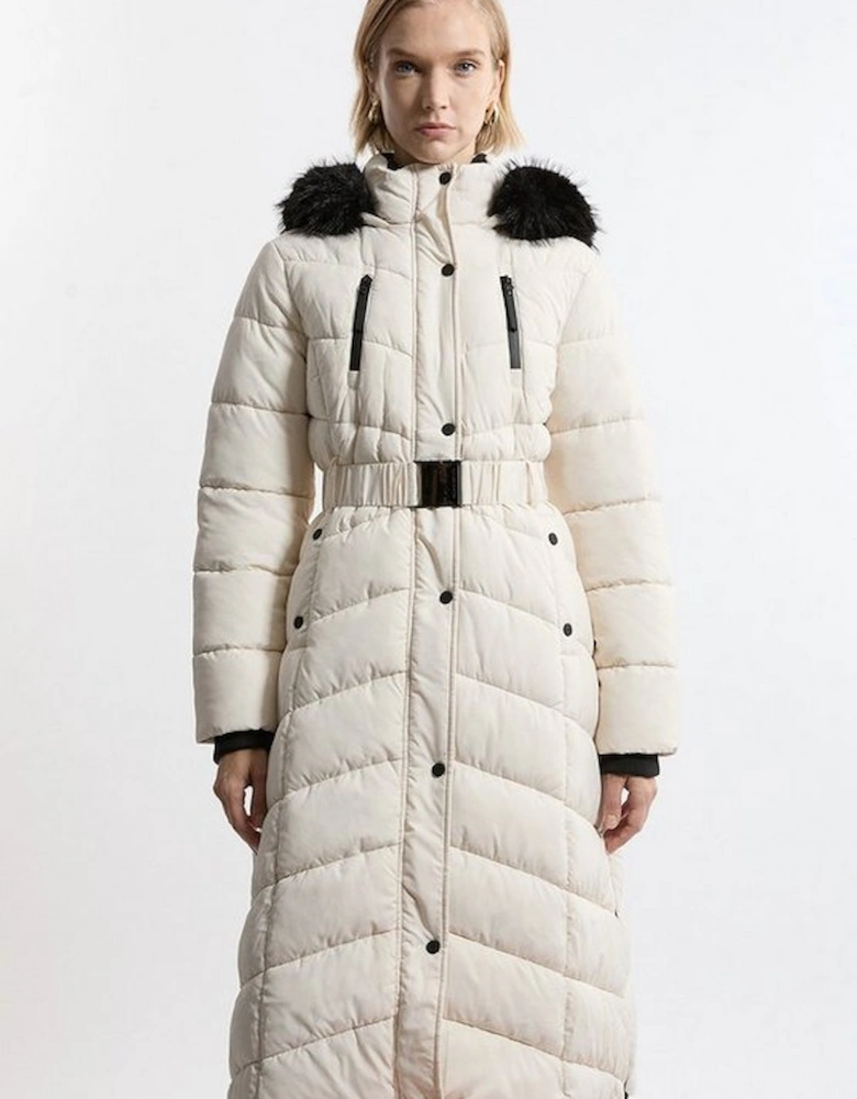 Petite Faux Down Padded Belted Hooded Puffer Coat