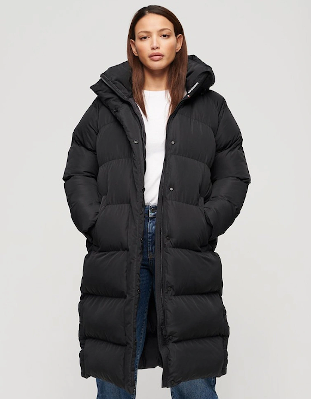 Women's Longline Hooded Puffer Jacket Black, 9 of 8