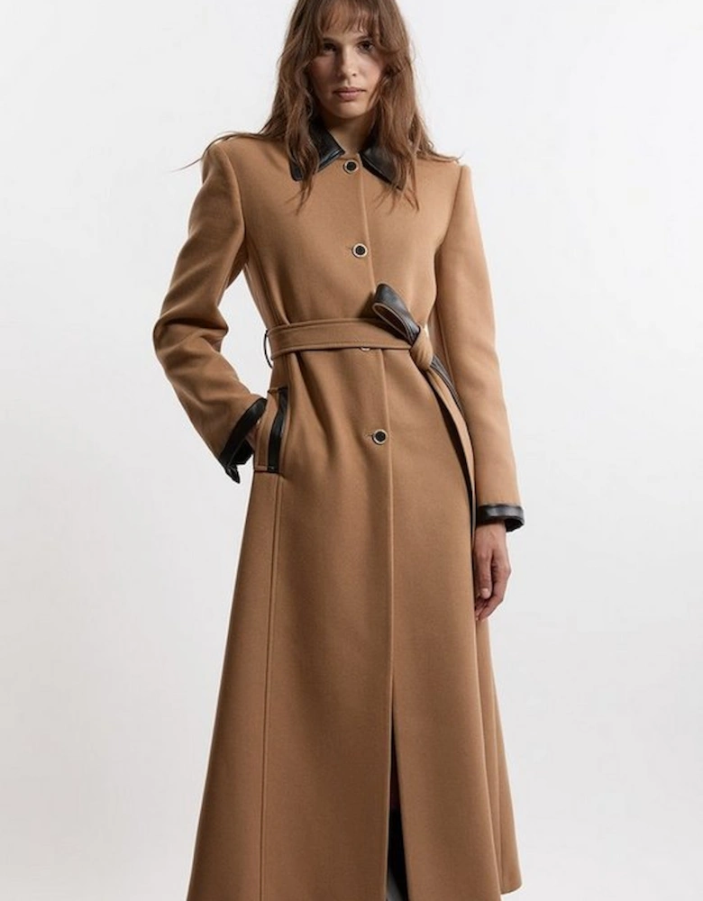 Premium Italian Manteco Wool Pu Trim Belted Tailored Maxi Coat