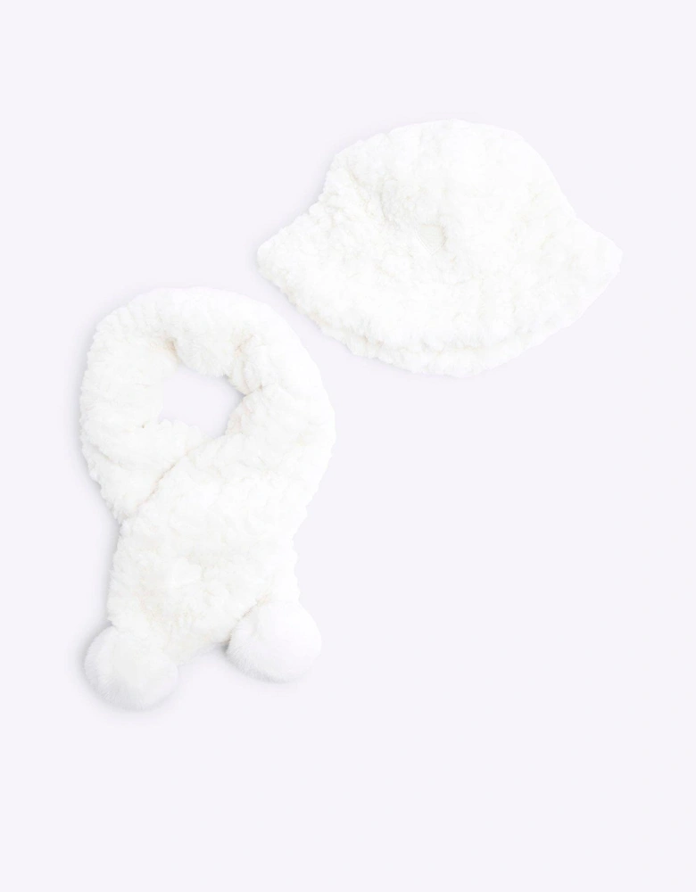 Mini Girl Faux Fur Bucket Hat Set - Cream