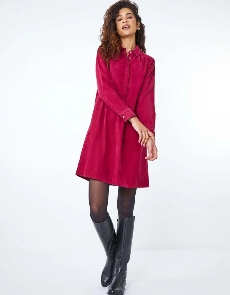 Corduroy Tunic Shirt Dress - Wine