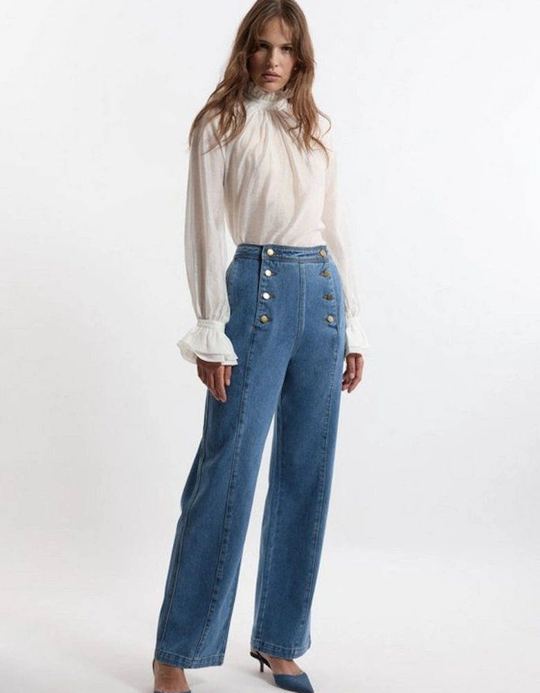 Denim Tailored Button Front Straight Leg Jeans