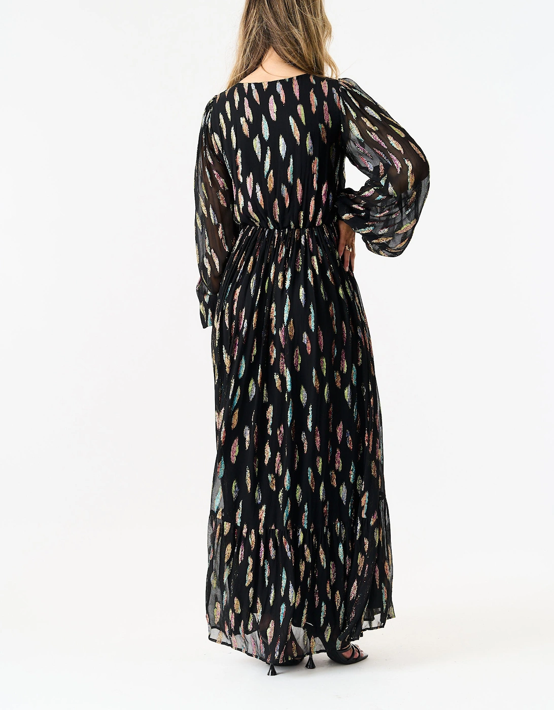 Black Metallic Print Full Sleeve Maxi Dress