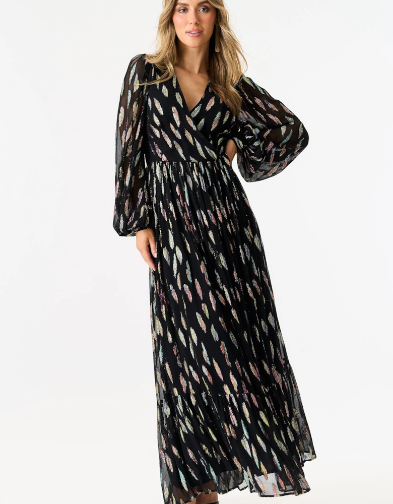 Black Metallic Print Full Sleeve Maxi Dress