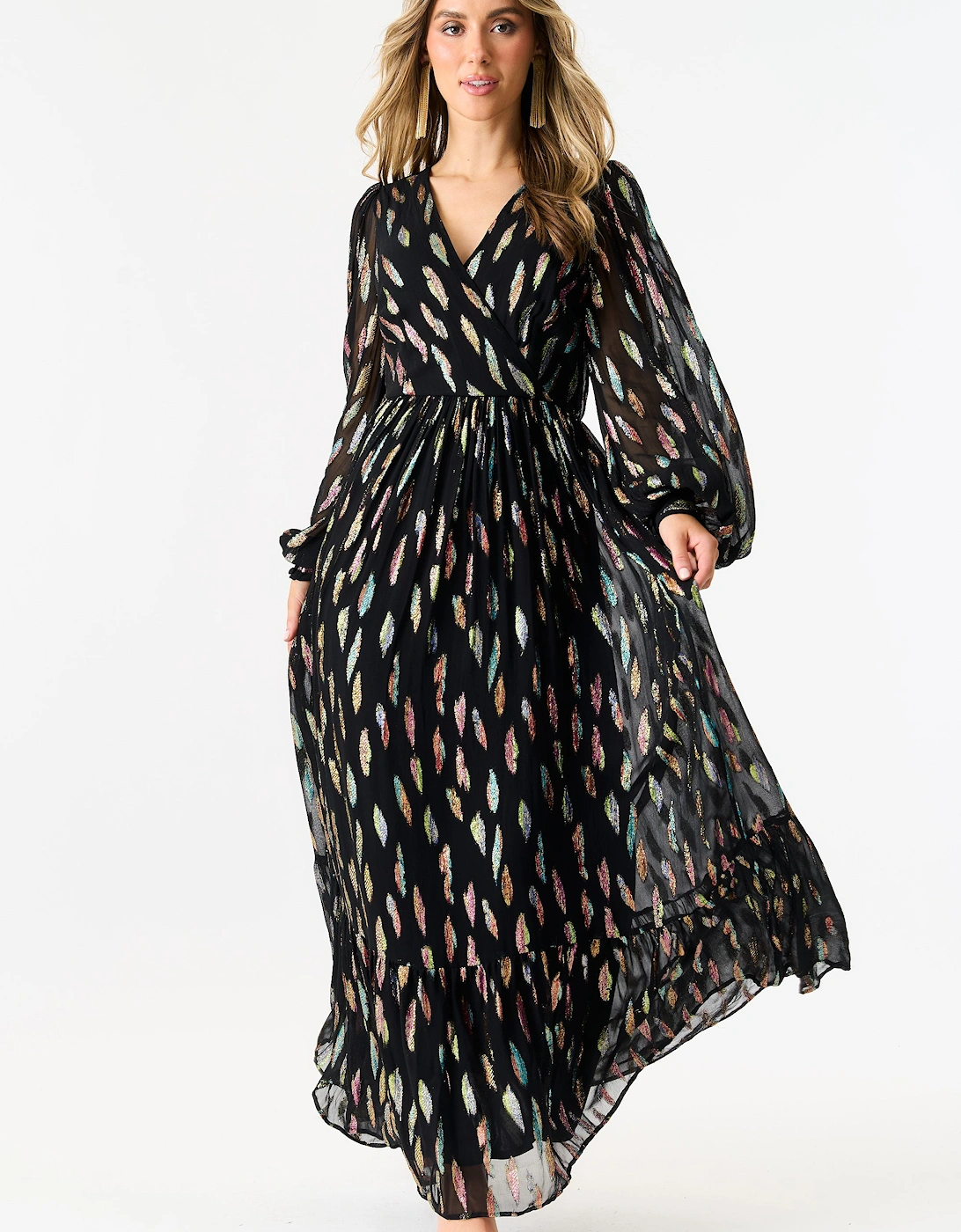 Black Metallic Print Full Sleeve Maxi Dress, 5 of 4