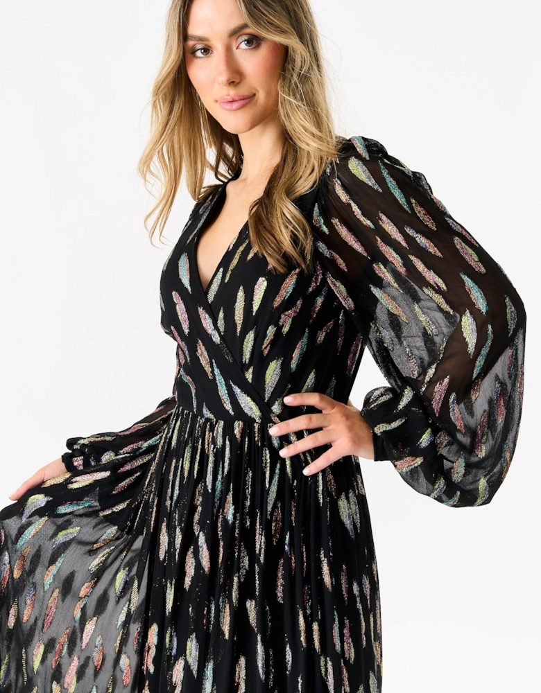 Black Metallic Print Full Sleeve Maxi Dress