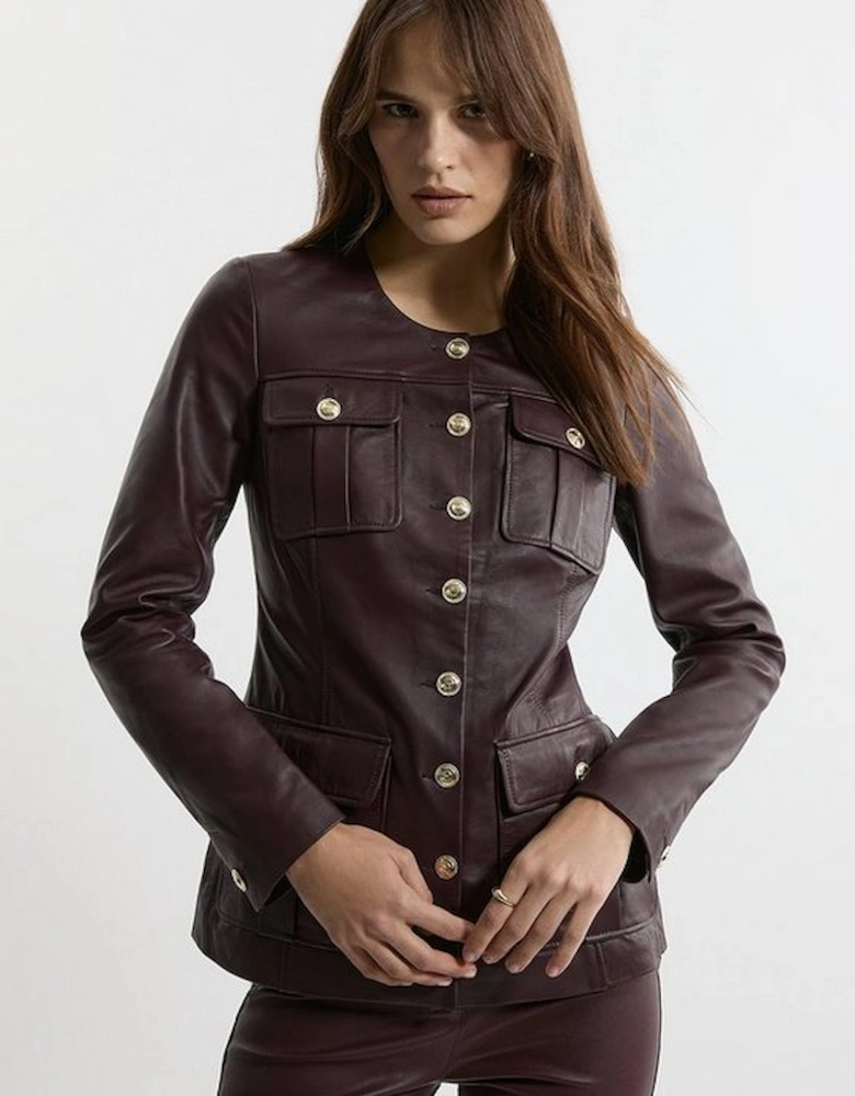 Leather Military Button Through Tailored Collarless Jacket