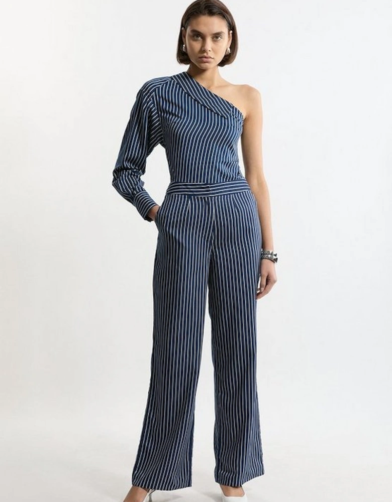 Striped Twill Wide Leg Woven Trouser