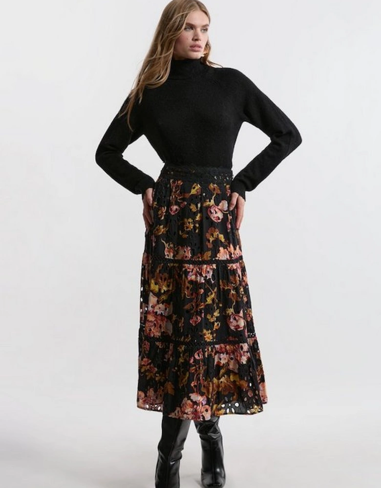 Broderie Woven Midi Skirt With Guipure Trim