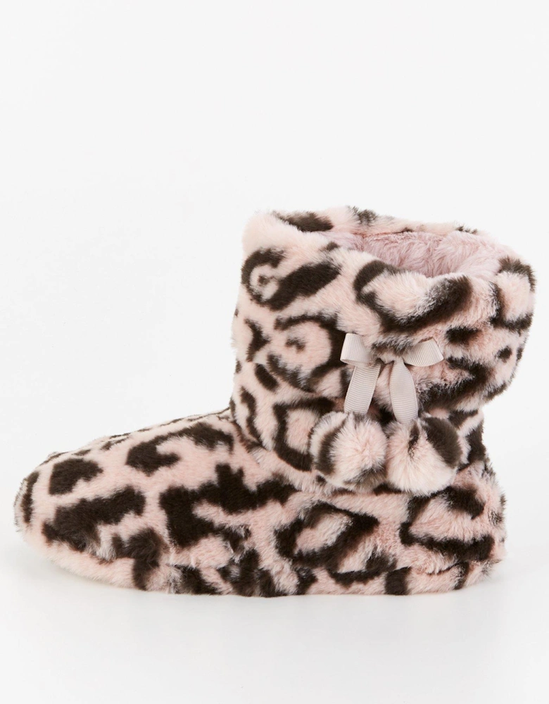 Leopard Slipper Boot With Poms - Pink/Black